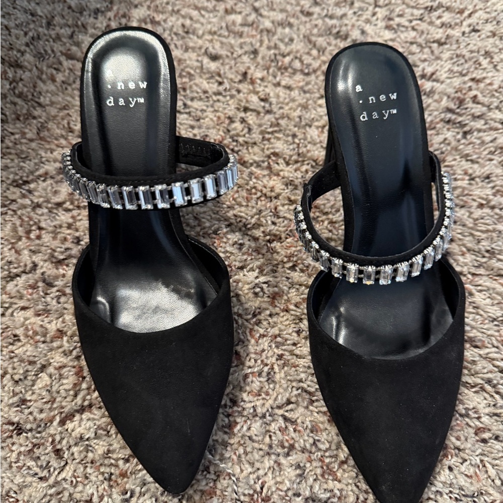 A New Day Black Heels with Rhinestone Embellishments
